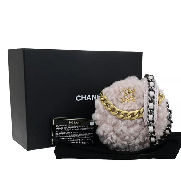 CHANEL 19 CC Logo Round Chain Shoulder Bag Shearling Leather Pink GHW 382RK077 - Picture 1 of 16